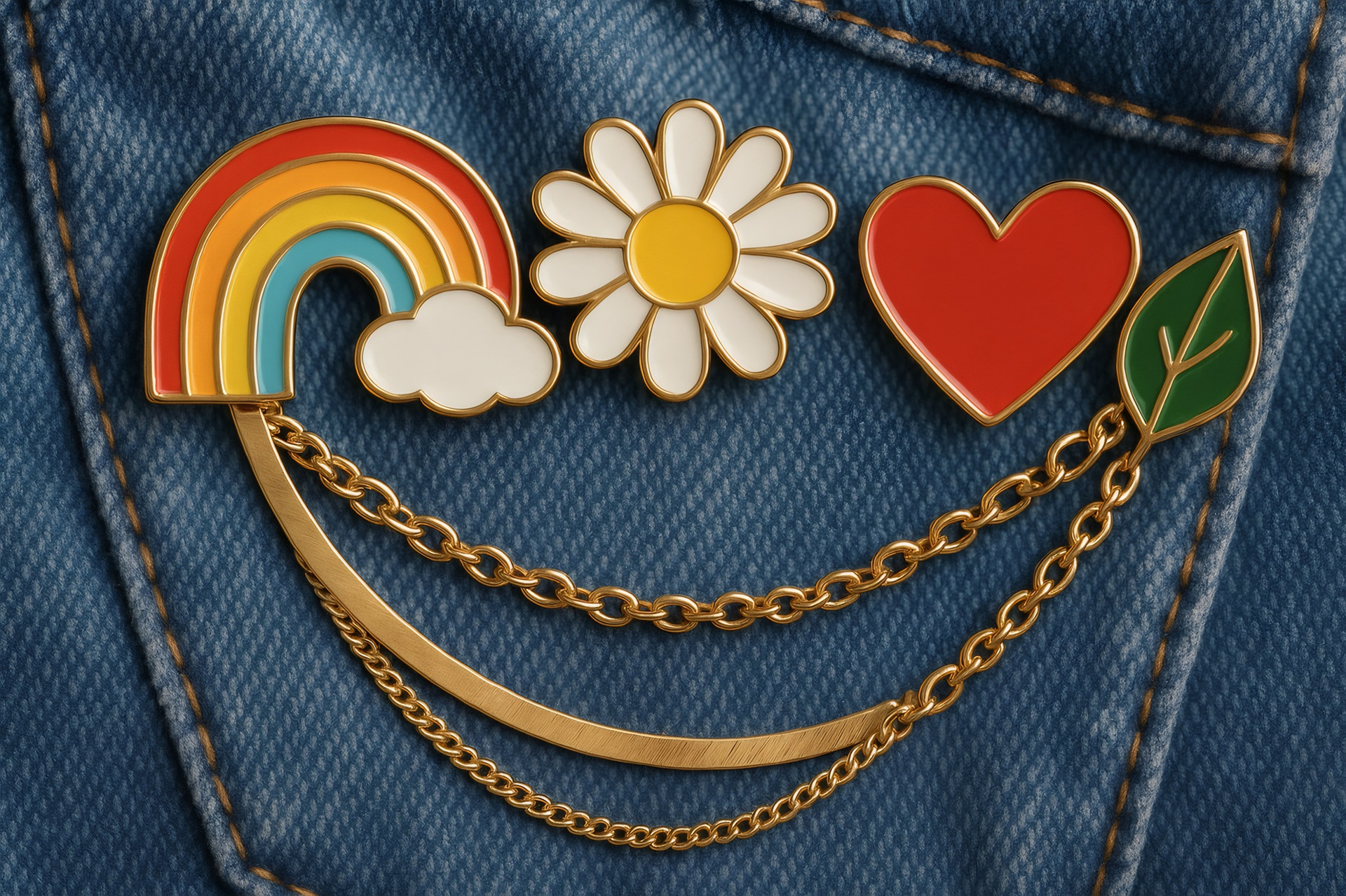 Bunte Pins mit Kette auf Jeans | Buttons selbst gestalten