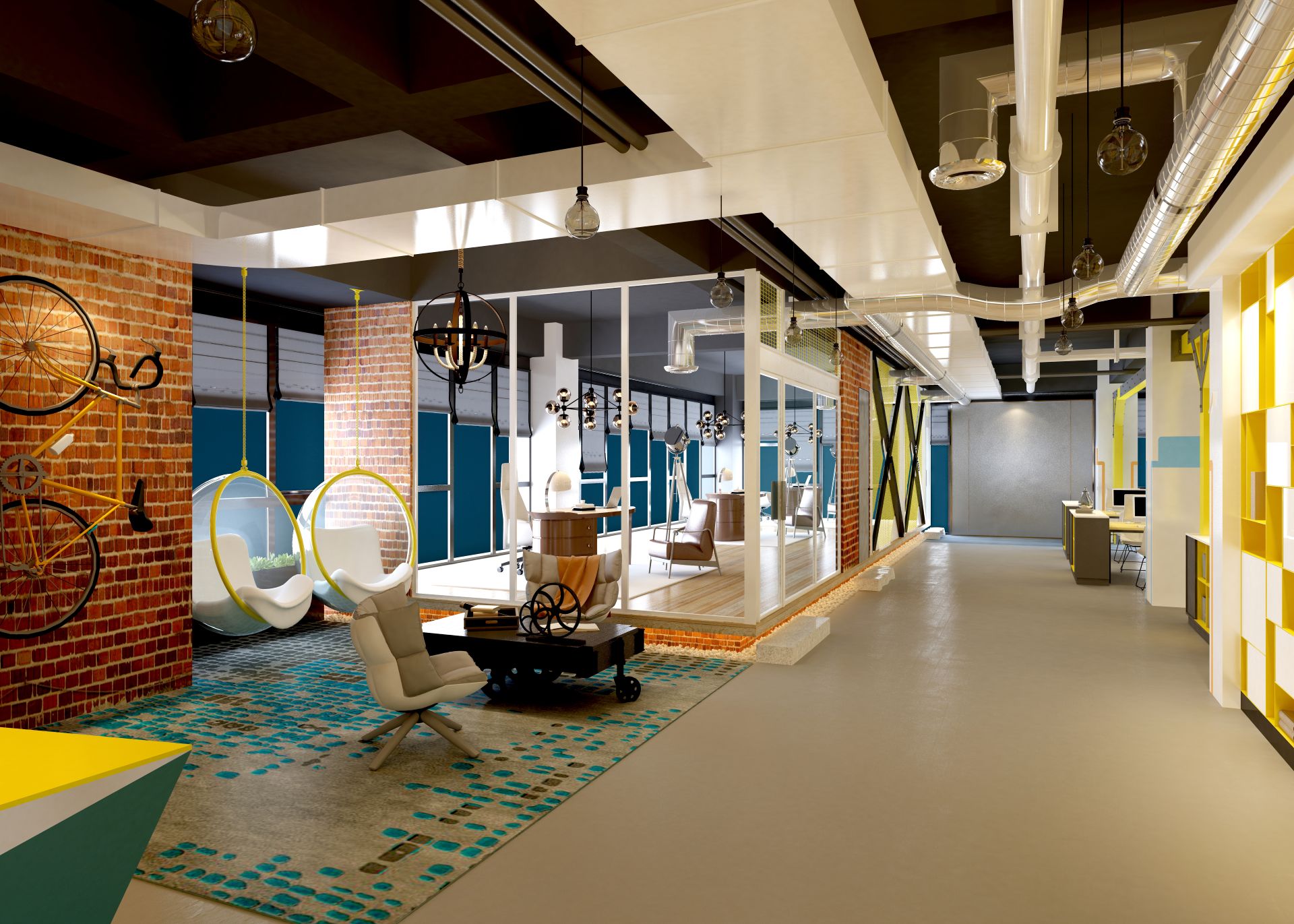 Modernes Loft-Büro mit Glaswänden und Designmöbeln, die zur Raumtrennung und Zonierung innerhalb der offenen Fläche eingesetzt werden.